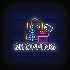 Wall Mural - Neon Sign shopping with brick wall background vector