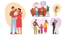 Set Of Happy Family, Parents Characters Holding Baby On Hands, Smiling Children And Grandparents, Newlyweds