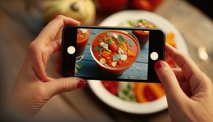 Poster -  a person taking a picture of a bowl of food on a cell phone with a bowl of vegetables in the background and a plate of tomatoes in the background.  generative ai