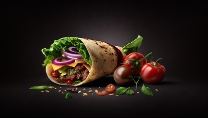 Poster -  a taco with meat, lettuce, tomatoes, onions, and other vegetables on a black background with a black background with a black backdrop.  generative ai