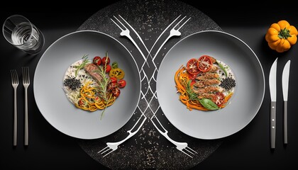 Poster -  two plates of food with forks and knives on a black table with silverware and a pumpkin in the corner of the plate, and a fork and knife and a bowl with another plate on the.  generative ai