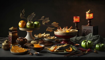 Poster -  a table topped with a bowl of fruit and a bowl of oranges and other food on top of a table next to a candle.  generative ai