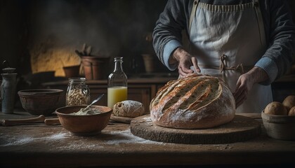 Poster -  a person in an apron making bread on a wooden table with other breads and bottles of juice on the table and a bowl of eggs.  generative ai