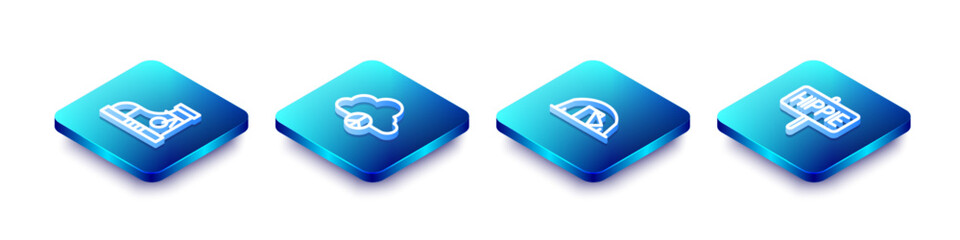 Sticker - Set Isometric line Sneakers, Peace cloud, Tourist tent and icon. Vector