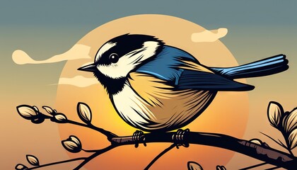 Wall Mural -  a bird sitting on a branch with a sunset in the background behind it and the sun in the sky behind it and behind it.  generative ai