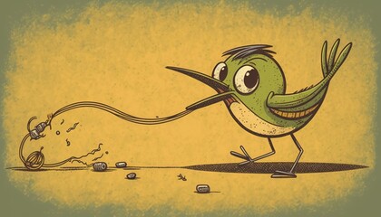 Wall Mural -  a cartoon bird with a string in its mouth and a ball of thread in its mouth, running away from a pile of rocks and debris.  generative ai