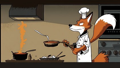 Poster -  a fox is cooking in a kitchen with a frying pan on the stove and a frying pan on the stove top on the stove.  generative ai