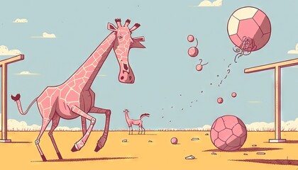 Wall Mural -  a cartoon giraffe kicking a soccer ball in the air with another giraffe in the background and another giraffe in the foreground.  generative ai