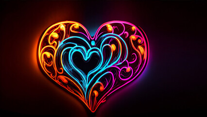 Wall Mural - Futuristic Modern empty stage. Reflective dark room with glowing neon heart shape for valentine's day or mother's day.