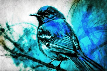 Wall Mural -  a blue bird sitting on top of a tree branch with a blue circle in the background and a blue circle in the foreground behind it.  generative ai