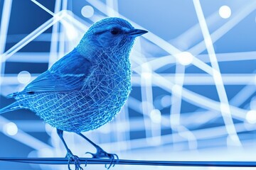 Wall Mural -  a blue bird sitting on top of a wire on top of a pole in front of a blue and white background with lines and dots.  generative ai