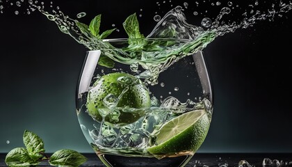  a glass of water with ice and mint leaves in it and a splash of water on top of the glass with ice and mint leaves in it.  generative ai