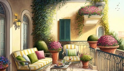 Sticker -  a painting of a balcony with a couch, table, and potted plants on the balcony of a house with green shuttered windows.  generative ai