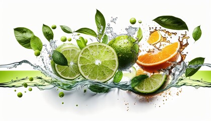 Sticker -  limes, oranges, and water splashing on a white background with green leaves and water splashing on the top of them.  generative ai