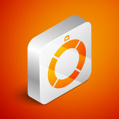 Wall Mural - Isometric Lifebuoy icon isolated on orange background. Lifebelt symbol. Silver square button. Vector