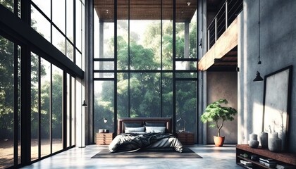 Canvas Print -  a bedroom with a large bed and a large glass wall in the corner of the room with a plant in the corner of the room.  generative ai