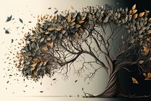  A Painting Of A Tree With Lots Of Leaves Falling From It's Branches And A Bird Flying In The Air Above It, With A White Background.  Generative Ai
