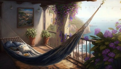 Sticker -  a painting of a woman sleeping in a hammock on a balcony overlooking the ocean and a balcony with a view of the ocean.  generative ai