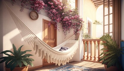 Poster -  a white hammock hanging from a balcony next to a potted plant and a clock on a wall above a doorway with a door.  generative ai