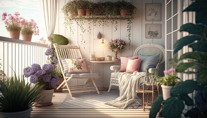 Wall Mural -  a balcony with a chair, table, potted plants, and a table with a lamp on it and a chair on the other side of the porch.  generative ai