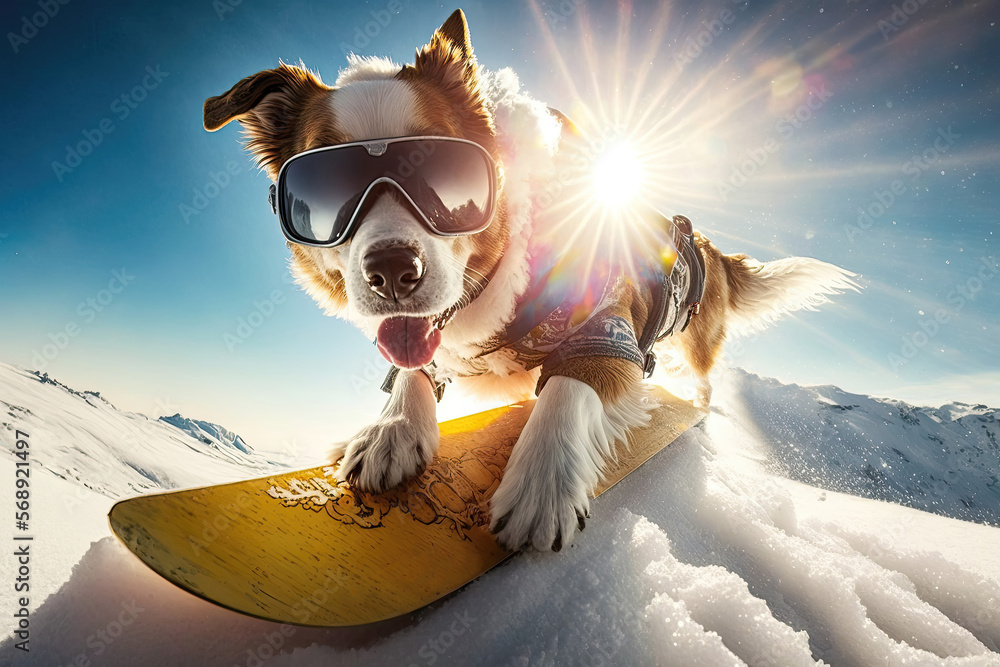 Dog going down a snowboard lope. Generative AI Stock Illustration