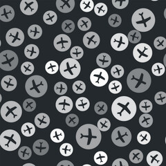 Sticker - Grey Plane icon isolated seamless pattern on black background. Flying airplane icon. Airliner sign. Vector