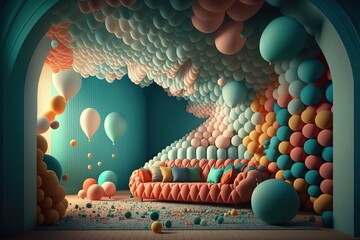 Poster -  a room with balloons and a couch in the middle of the room with a blue wall and a blue ceiling and a blue wall with balloons.  generative ai