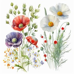 Poster -  a bunch of flowers that are on a white background with a white background and a red one in the middle of the picture and a green one in the middle of the picture.  generative ai