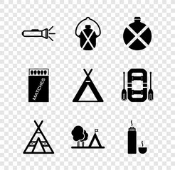 Poster - Set Flashlight, Canteen water bottle, Tourist tent, with flag, Thermos container, Open matchbox and matches and icon. Vector