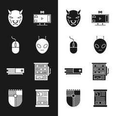 Poster - Set Alien, Computer mouse, Mask of the devil with horns, Live streaming online, Video game console, Slot machine, Game guide and Shield for icon. Vector