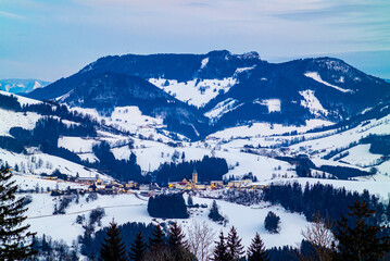 Wall Mural - mountain landscape near the village of maria neustif in upper austria on an evening in winter