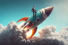 Business Man Flying On Top Of Rocket, Startup Creation Concept, Digital Illustration, Generative AI