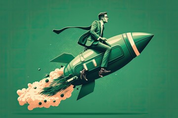 Wall Mural - business man flying on top of rocket, startup creation concept, green background, digital illustrati