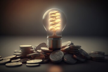 Light bulb on top of stack of coins. business idea concept, Digital illustration, Generative AI