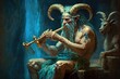 A satyr with goat, playing a pan flute with delight. Digital art painting, Fantasy art, Wallpaper. Generative ai.