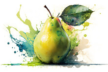 Pear With Water Splash, Pear With Leaves, Pear Illustration, Pear Watercolor, Pear On A Branch, Genarative AI