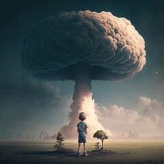 Wall Mural - Child standing against giant mushroom cloud of atomic explosion. Nuclear war concept. Generative AI