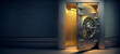 Gold Safe deposit with crypto money. Concept symbol of cryptocurrency safety in internet blockchain virtual. Copy space banner. Generation AI