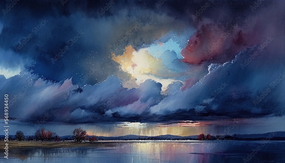 Dark clouds over the river, stormy sky and rainy day concept watercolor ...