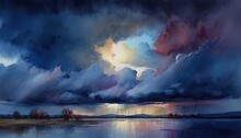 Dark Clouds Over The River, Stormy Sky And Rainy Day Concept Watercolor Painting Generative AI Background