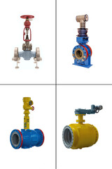 Wall Mural - four valves of various designs with automatic and manual control for a gas pipeline on a white background