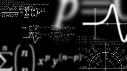 Maths animated overlay. Complicated calculations, hard to understand concept symbol. Black background messy formulas in high resolution for overlay