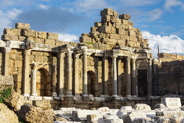 An antique ruined city of columns.Ruin. View of the ancient city in Side, Turkey.