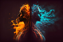 Two Silhouettes Of Girls Back To Back At Each Other Confrontation Of Water And Fire. Generative AI Technology.