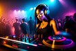 Generative AI abstract painting of beautiful African DJ woman in headphones. Nightclub, party, music concept