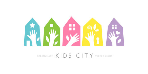 Colorful city with children hands up. Horizontal creative divider. Kids club, preschool, playground conceptual vector illustration.