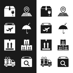 Canvas Print - Set Umbrella and rain drops, Plane cardboard box, Delivery with fragile content, Placeholder map, Cardboard traffic, Search package and truck gift icon. Vector