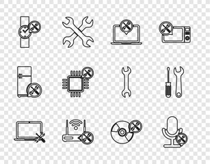 Wall Mural - Set line Laptop service, Microphone, Router wi-fi with, Wrist watch, Processor, CD DVD disk and Screwdriver and wrench icon. Vector