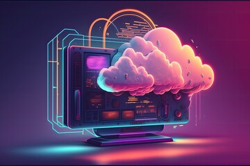 Cloud computing technology concept background, futuristic, Cyberpunk digital illustration generative AI