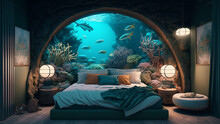Hotel Bedroom Interior In The Style Of Underwater Cave,illustration,created With Generative AI Technology